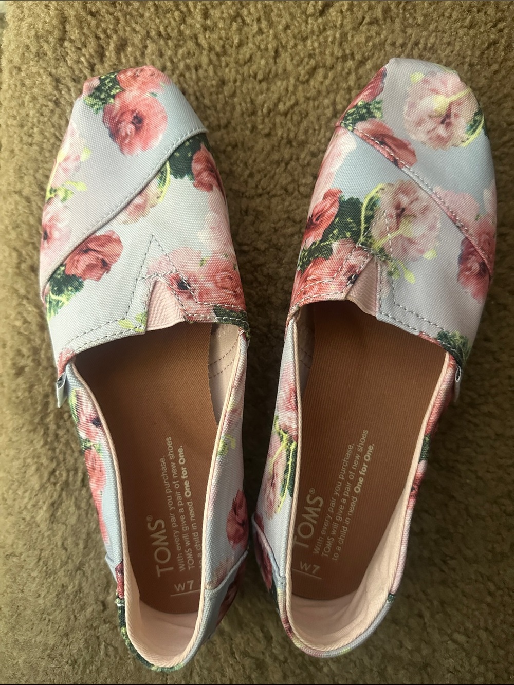 TOMS Floral Slip-On Flats in Pink and Light Blue